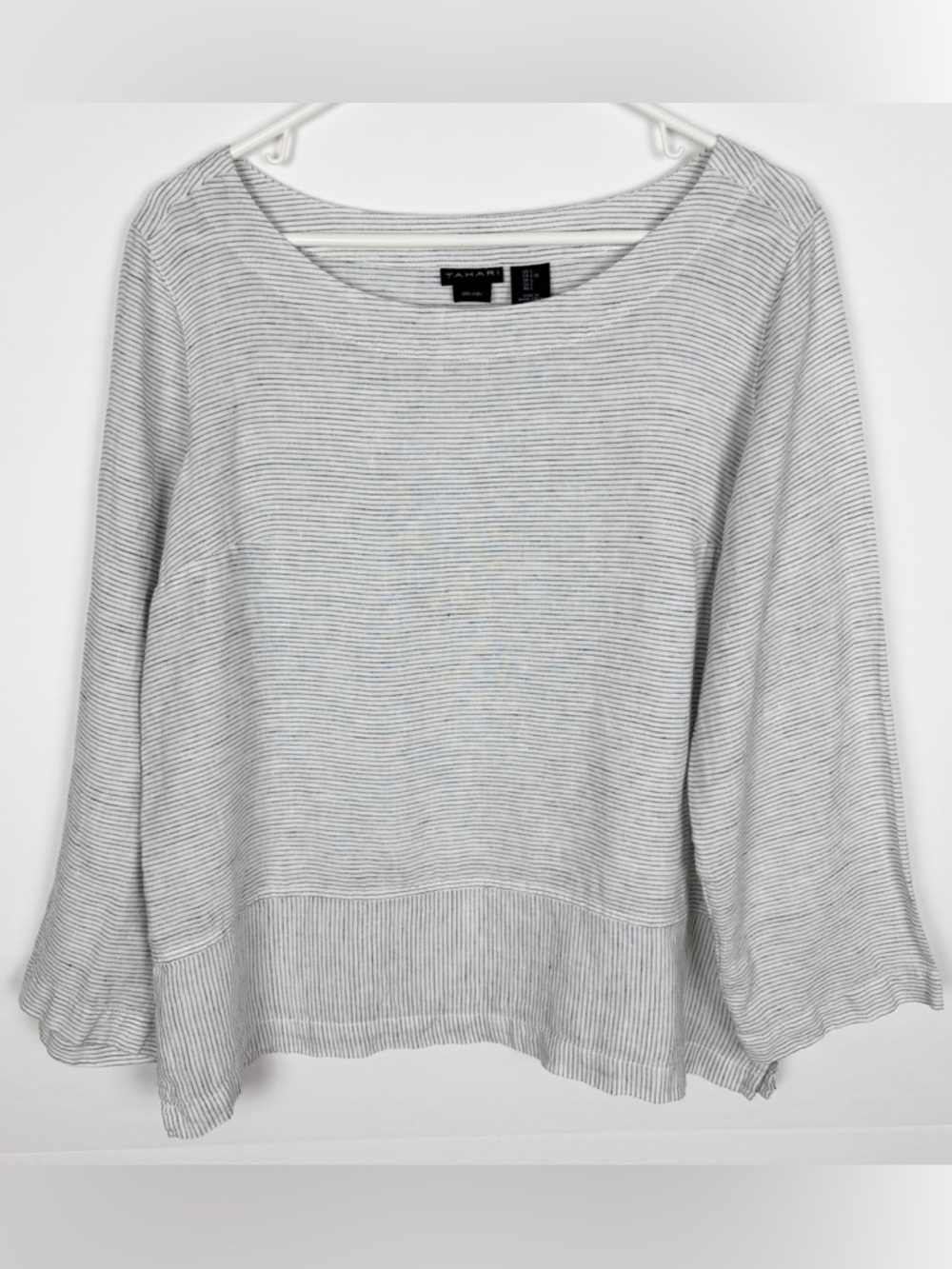 Tahari Top Size Large Linen White Gray Striped Lagenlook
